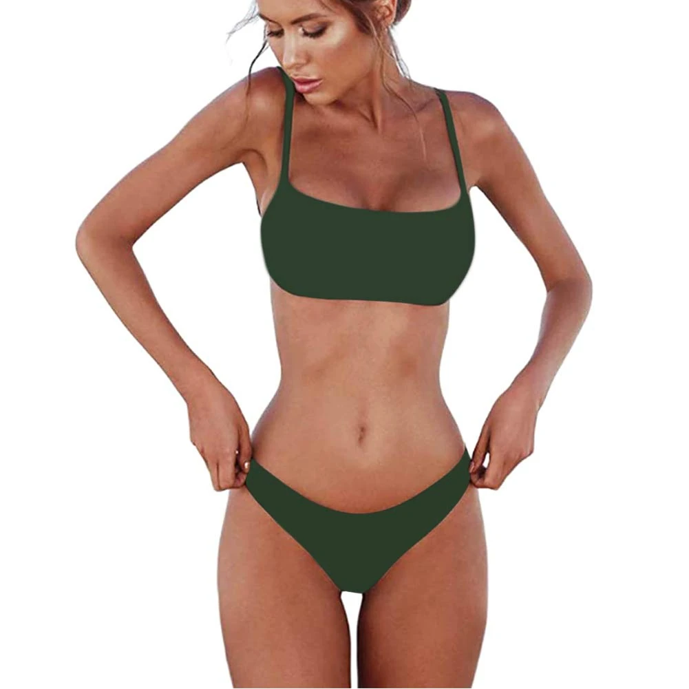 meioro Bikini Set Swimsuits for Women Low Waist Thong Swimwear Bathing Suits No Rims Swimming Costume (S,Green)