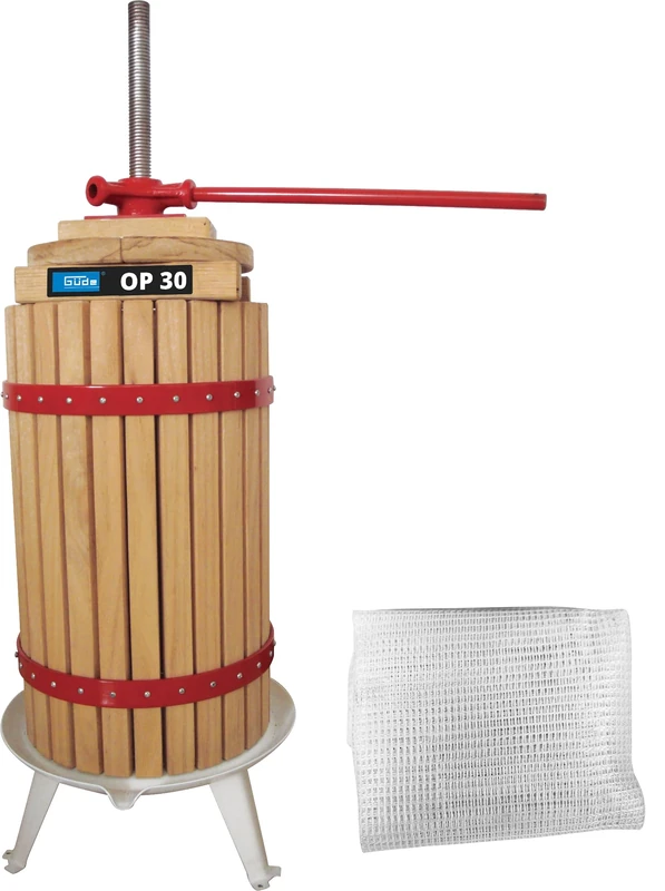 Güde Fruit Press OP 30 (30 Litre Press Basket Made of Untreated Wood, Food-Safe Painted Collection Basin, 2-Piece Press Plate, Polyester Pressing Cloth, Robust Steel Spindle, Fully Assembled)