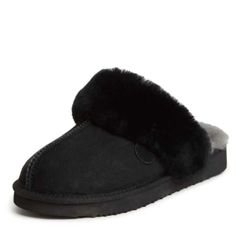 Dearfoams Women's Fireside Sydney Shearling Fur Indoor/Outdoor Scuff Slipper with Wide Widths, Black, 8 UK