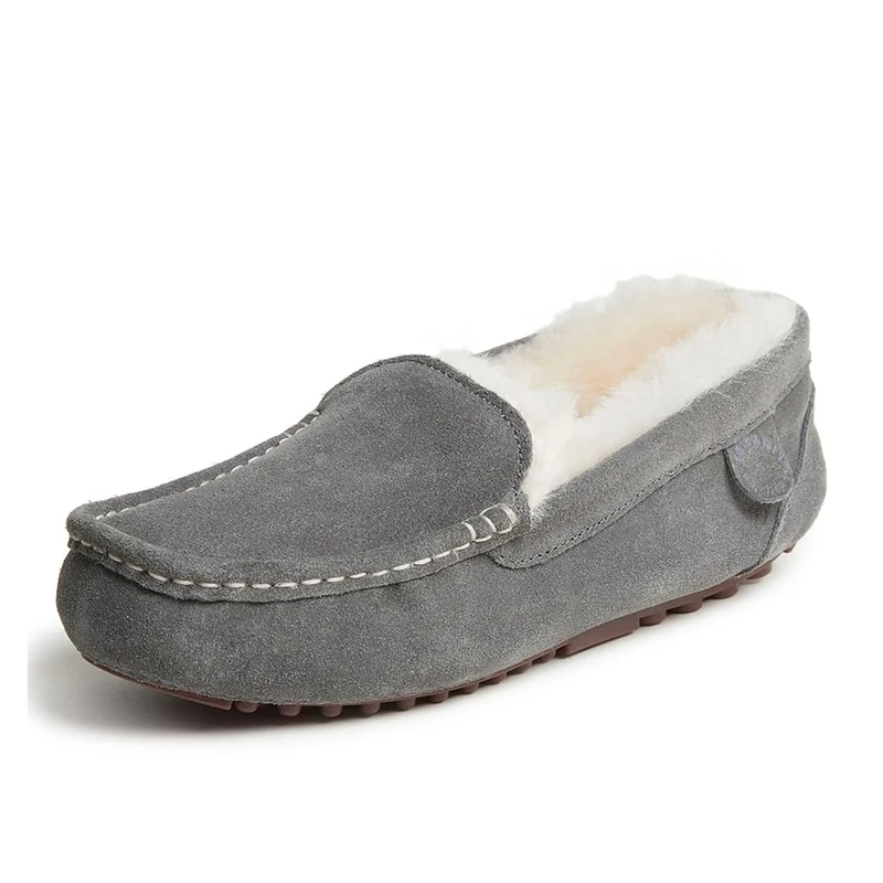 Dearfoams Women's Fireside Mel Shearling Indoor/Outdoor Moccasin Slipper with Wide Widths, Grey, 7 UK
