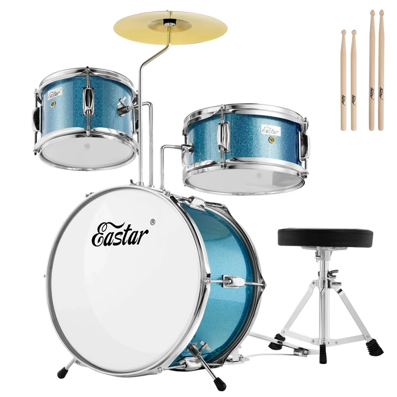 Kids Drum KIt Eastar 3-Piece for Beginners, 14 inch Drum Set with Adjustable Throne, Cymbal, Pedal & Two Pairs of Drumsticks, Junior Drum Set with Bass Tom Snare Drum, Metallic Sky Blue