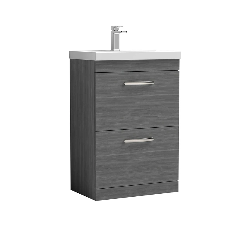 Nuie ATH0232D Athena Modern Bathroom Floor Standing 2 Soft Close Drawer Vanity Unit with Thin Edge Ceramic Basin, 600mm, Anthracite