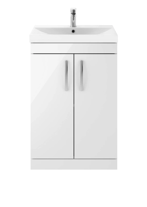 Nuie ATH027D Athena Modern Floor Standing Bathroom Vanity Sink Unit with Soft Close Doors and Thin Edge Basin, 600mm, Gloss White