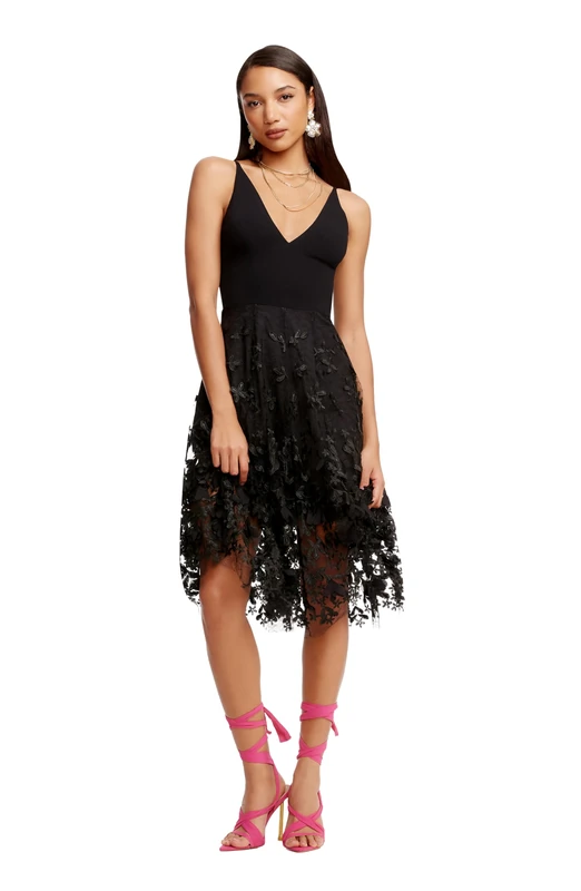 Dress the Population Women's Darleen Sleeveless 3D Floral Fit & Flare Midi Dress, Black, XXL