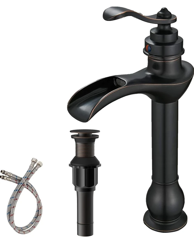 BWE Vessel Sink Faucet Oil Rubbed Bronze Waterfall Farmhouse Rustic with Pop Up Drain Assembly and Supply Hose Lead-Free Single-Handle Single Hole Bathroom Faucet Vanity Lavatory Mixer Tap Tall Body