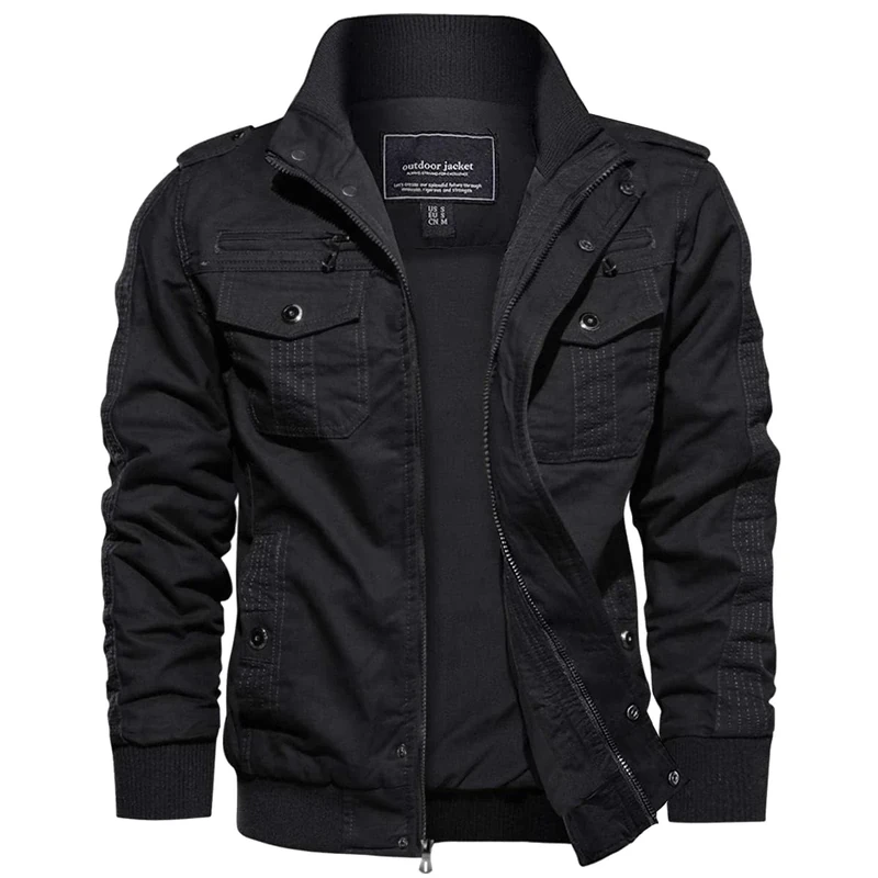 EKLENTSON Military Jacket for Men Cotton Windbreaker Jacket Fishing Cycling Spring Autumn Warm Coat,Black,M