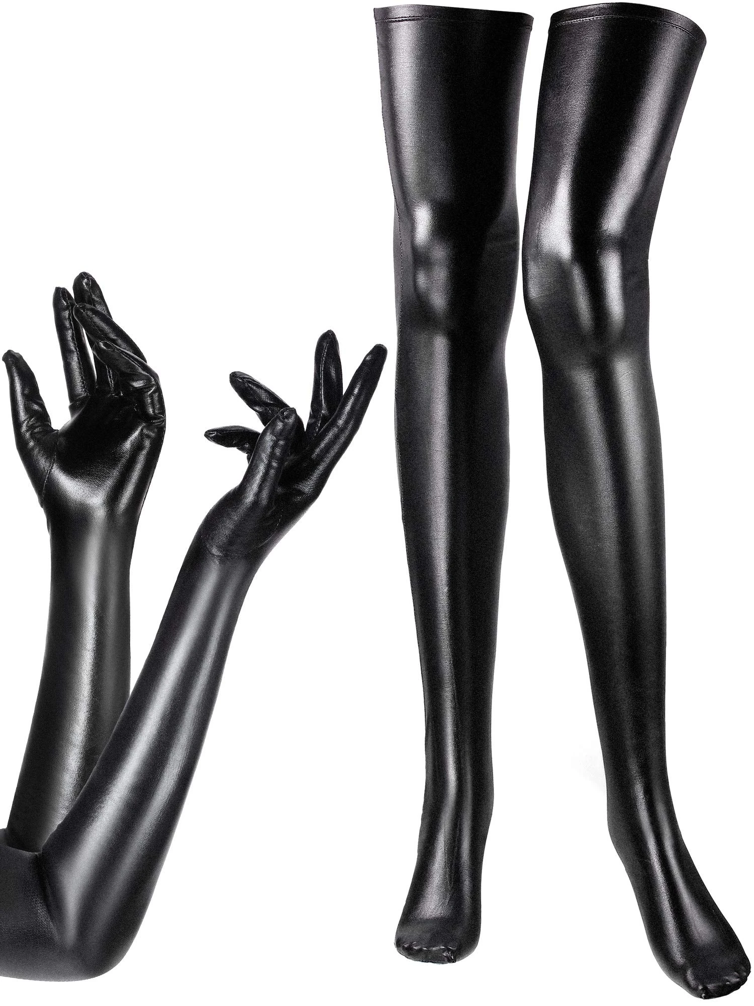 SATINIOR Women's Costume Set Elastic Spandex Shiny Wet Long Gloves and Wet Look Thigh High Stockings
