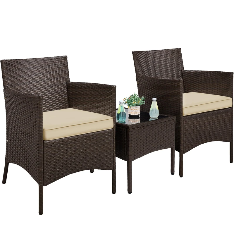 Yaheetech 3-Piece Rattan Garden Set, Outdoor Patio Conversation Furniture, Woven Chairs & 1 Side Table with Cushions for Bistro/Porch/Garden/Deck/Courtyard, Brown/Khaki