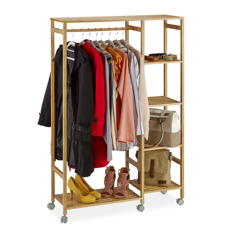 Relaxdays Bamboo Rolling Bamboo Coat Stand, 6 Tiers, Open, Garment Rail, HWD 136.5 x 92 x 30 cm, Natural