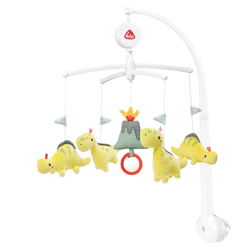Fehn Happy Dino Music Mobile - Wind Up Mobile with Music Box Melody Brahms Lullaby and Figures for Calming & Activity - with Bed Attachment for Babies from 0-5 Months