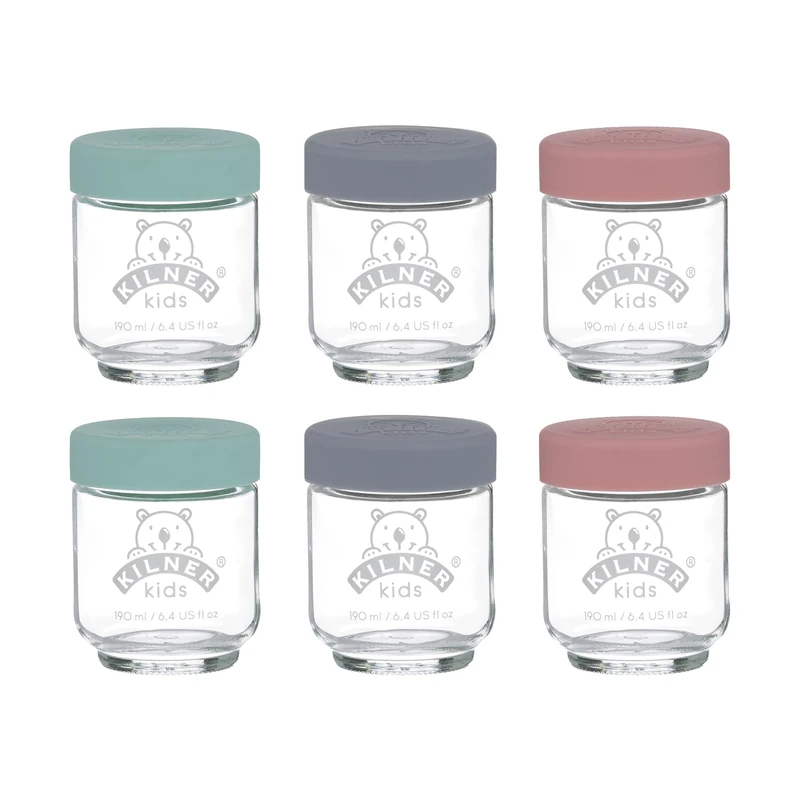 Kilner Kids Glass Baby Food Jars Set of 6 x 190ml Reusable Glass Jars with Airtight Silicone Lids in Purple, Yellow, and Turquoise Ideal for Homemade Purees, Batch Cooking and On-the-Go Storage