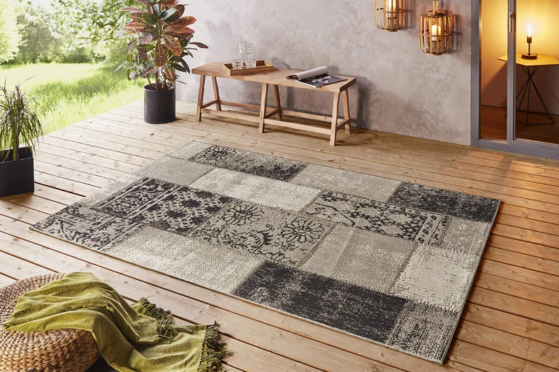 NORTHRUGS Indoor and Outdoor Rug 120 x 170 cm - Weatherproof Classic Vintage Pattern Patchwork Design Runner Patio Rug Balcony Rug Kitchen Runner Bathroom Rug Living Room Rug Waterproof in Black