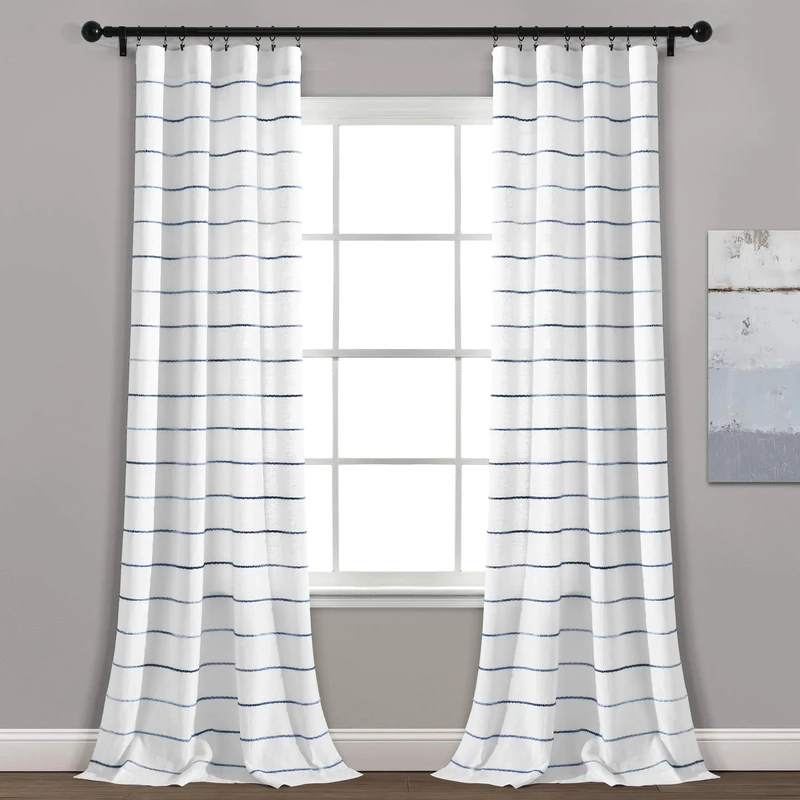 Lush Decor Ombre Stripe Curtain Panel Set, 2, 40''W x 84''L, Navy, Recycled Cotton/Polyester, Rod Pocket, Home Office, Farmhouse