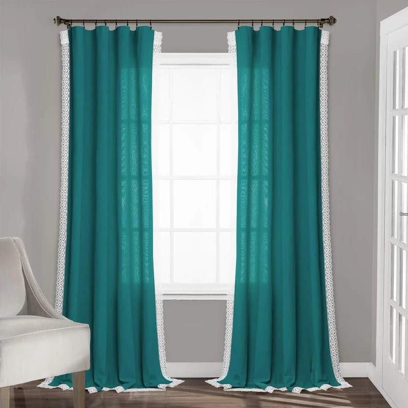 Lush Decor Turquoise Rosalie Window Curtains Farmhouse, Rustic Style Panel Set for Living, Dining Room, Bedroom (Pair), 84” x 54, 84" x 54"