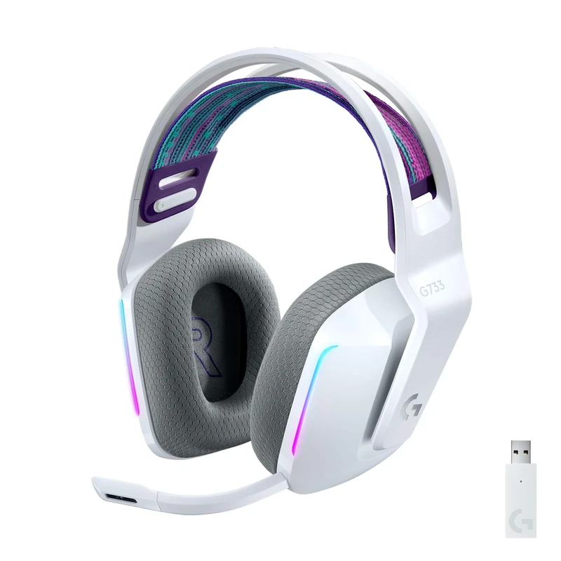 Logitech G733 LIGHTSPEED Wireless Gaming Headset with suspension headband, LIGHTSYNC RGB, Blue VO!CE mic technology and PRO-G audio drivers, Lightweight, 29 Hour battery life, 20m range - White