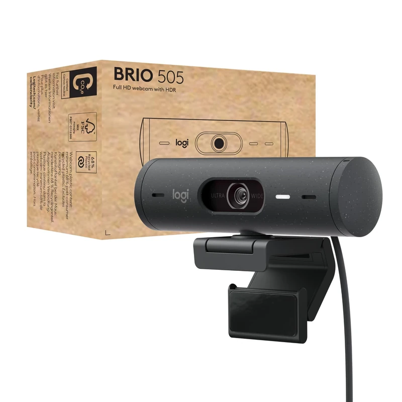 Logitech Brio 505 Full HD webcam with auto light correction, auto-framing, Show Mode, dual noise reduction mics, privacy shutter - Works with Microsoft Teams, Google Meet, Zoom - Grey