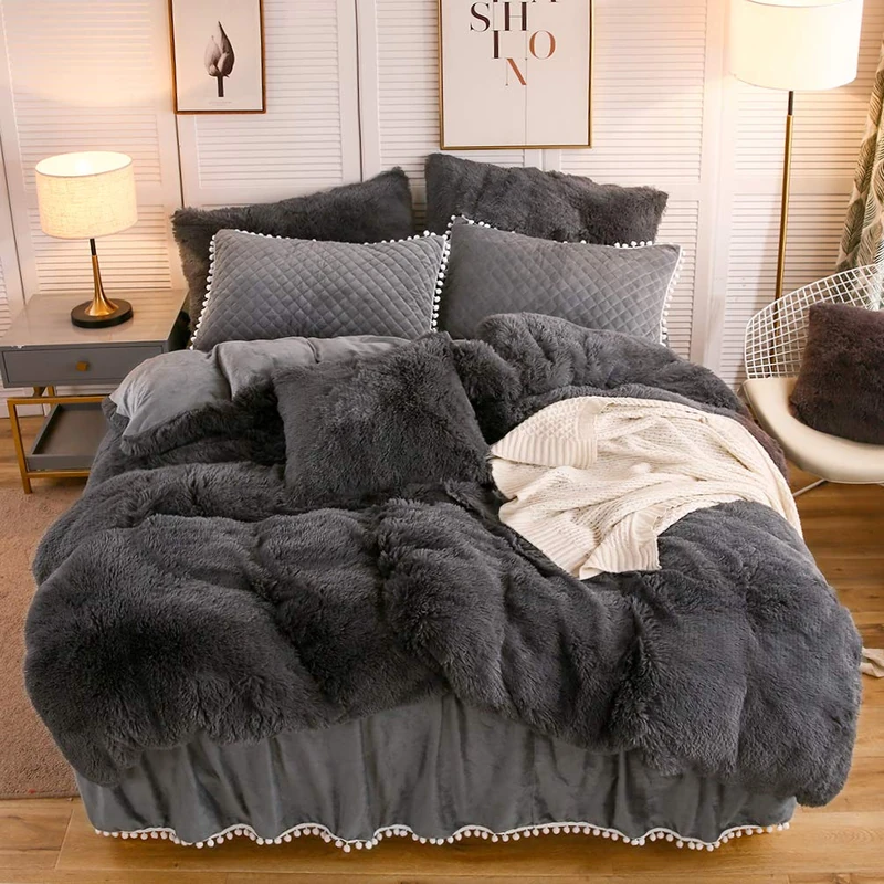 LIFEREVO Luxury Plush Shaggy Duvet Cover Set, Soft Velvet Fluffy Furry Duvet Cover Set(1 Faux Fur Fuzzy Comforter Cover+1 Pom Poms Pillow Sham)Solid Bedding Set, Zipper Closure(Twin/Twin XL,Dark Gray)