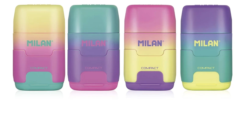 MILAN Compact Sunset Plastic Pencil Sharpener 2 Uses with Eraser Assorted Colours