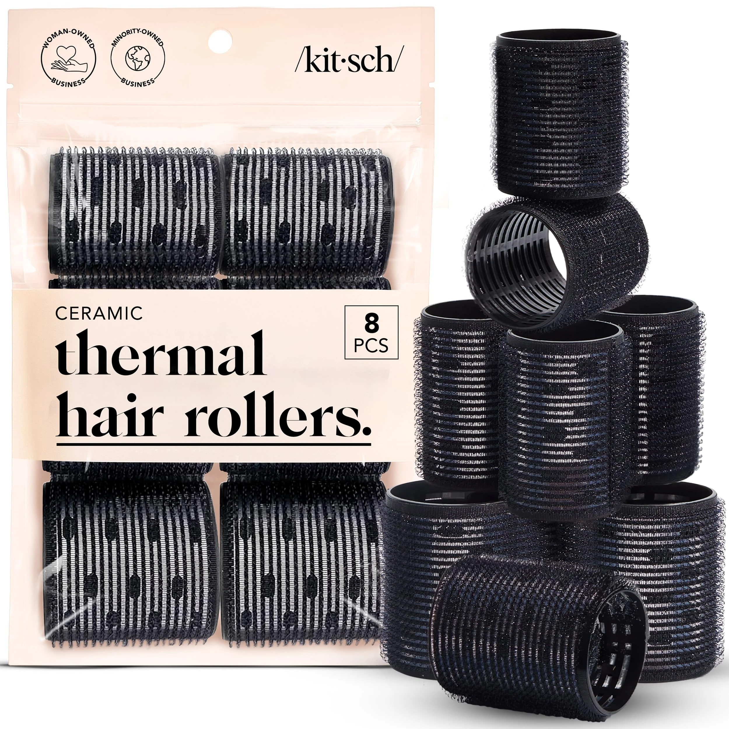 Kitsch Ceramic Thermal Hair Rollers Set 8pcs - Hair Curlers Rollers for Perfect Curls, Hot Rollers kit for long hair, Hair rollers for long hair, Hair Curler & Hair Roller, Ceramic Coated Core, Black