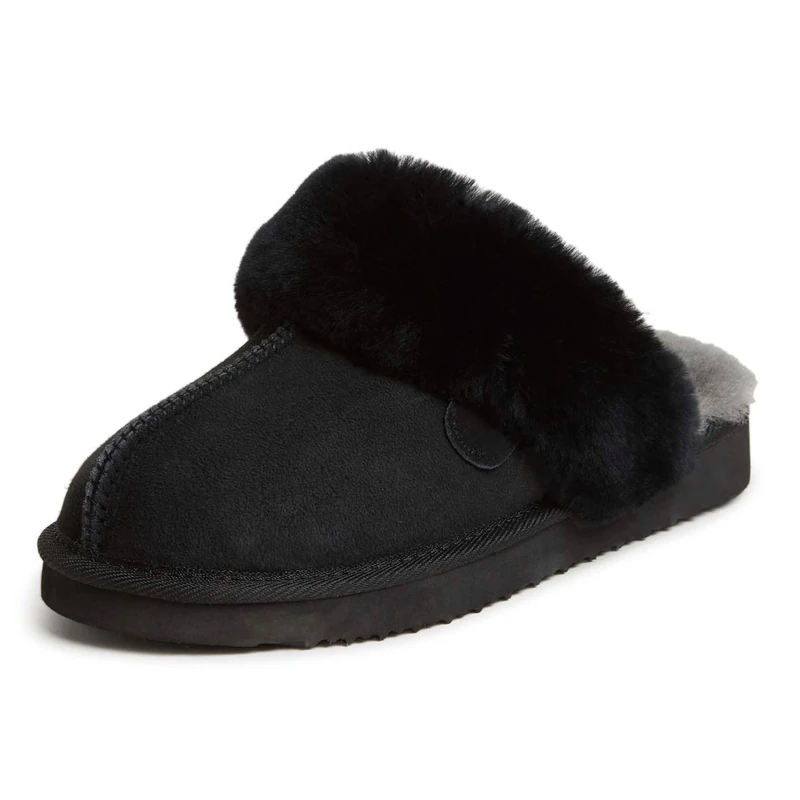Dearfoams Women's Fireside Sydney Shearling Fur Indoor/Outdoor Scuff Slipper with Wide Widths, Black, 6 UK