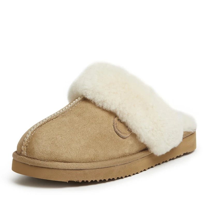 Dearfoams Women's Fireside Sydney Shearling Fur Indoor/Outdoor Scuff Slipper with Wide Widths, Sand, 7 UK