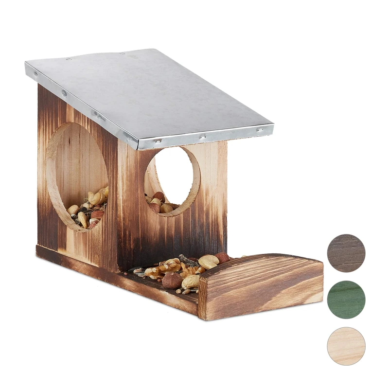 Relaxdays Squirrel Feeder, Wooden House, Weatherproof Metal Roof, Hanging, Garden Feeding Station, Flamed
