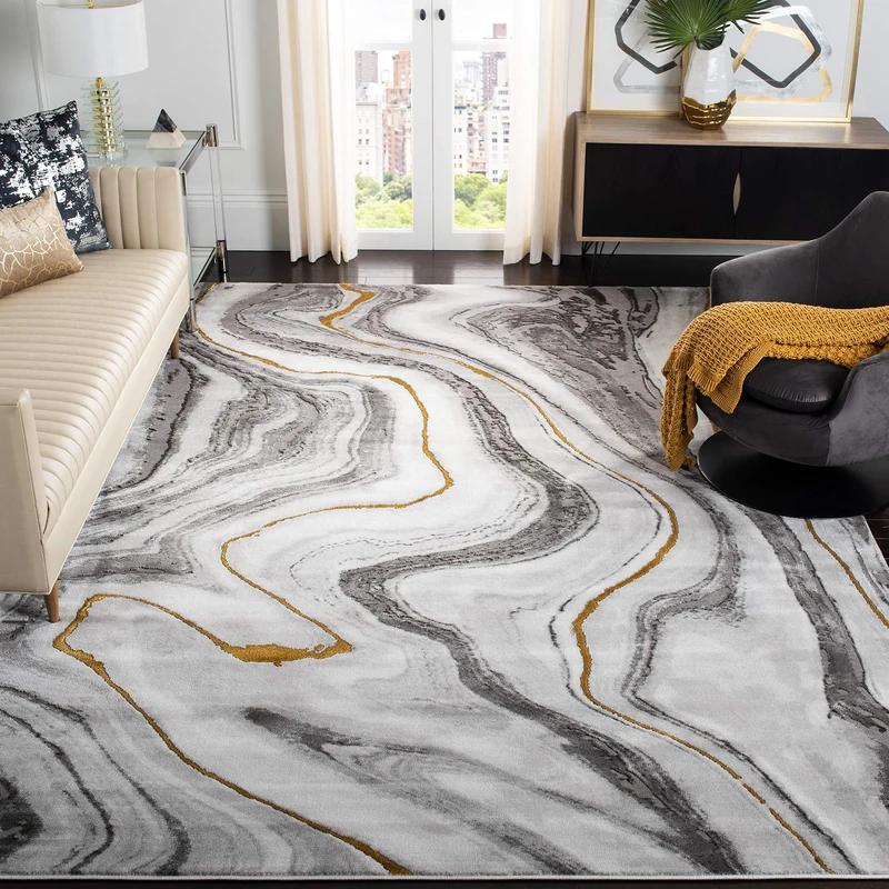Safavieh Contemporary Rug for Living Room, Dining Room, Bedroom - Craft Collection, Short Pile, in Grey and Gold, 201 X 274 cm