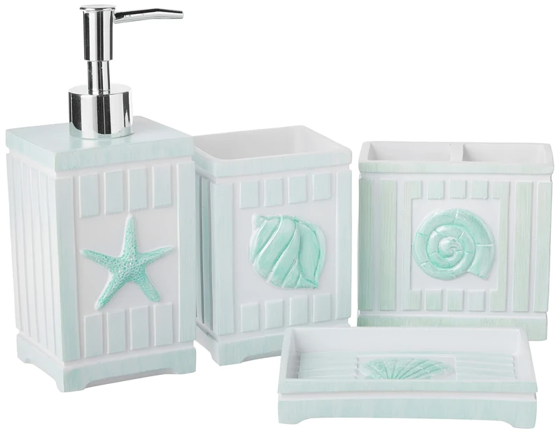 Sweet Home Collection Contemporary Decorative Beautiful Designs Bath Shower Tub Décor, Resin, Beach Shells, 4 Piece Set