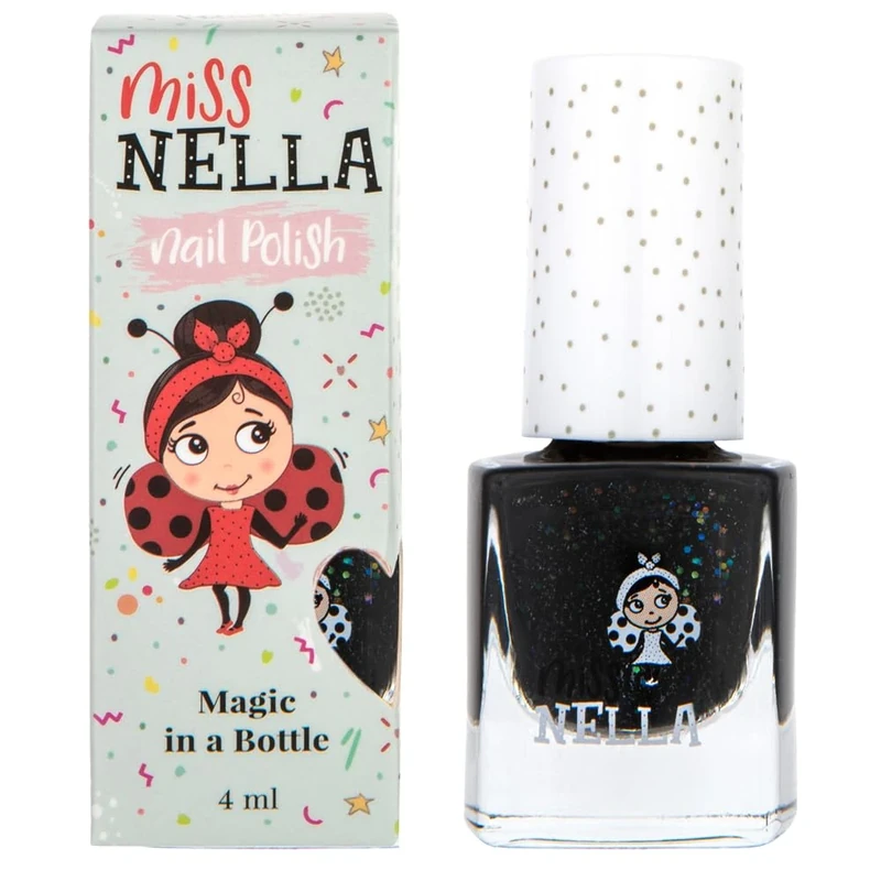 Miss Nella SURPRISE PARTY– Safe Special Black Glitter Nail Polish for Kids, Non-Toxic & Odour Free Formula for Children and Toddlers, Natural Water Based for Easy Peel Off