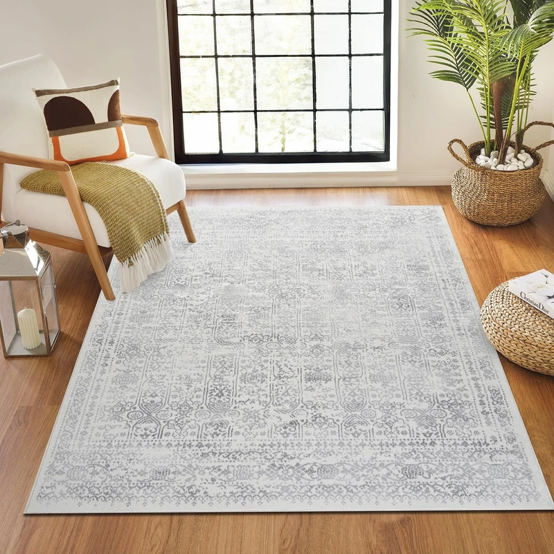 Livabliss Marrakech Vintage Rug - Area Rugs for Living Room 160x216 cm, Bedroom - Scandi Neutral Rugs, Traditional Patterned Boho Style, Natural Easy Care Pile - Large Rug, Grey and Cream