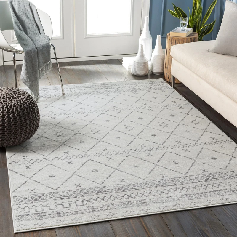 Livabliss Nagano Geometric Rug - Scandi Area Rugs Living Room 200x274 cm, Dining, Kitchen - Neutral, Abstract Patterned Rugs, Boho Style, Easy Care Pile - Large Rug, White and Grey