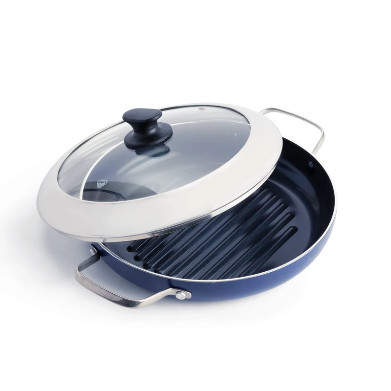 Blue Diamond Cookware Diamond Infused Ceramic Nonstick 28 cm Grill Pan with Glass Lid, PFAS-Free, Grilling, BBQ, Oven Safe, Blue