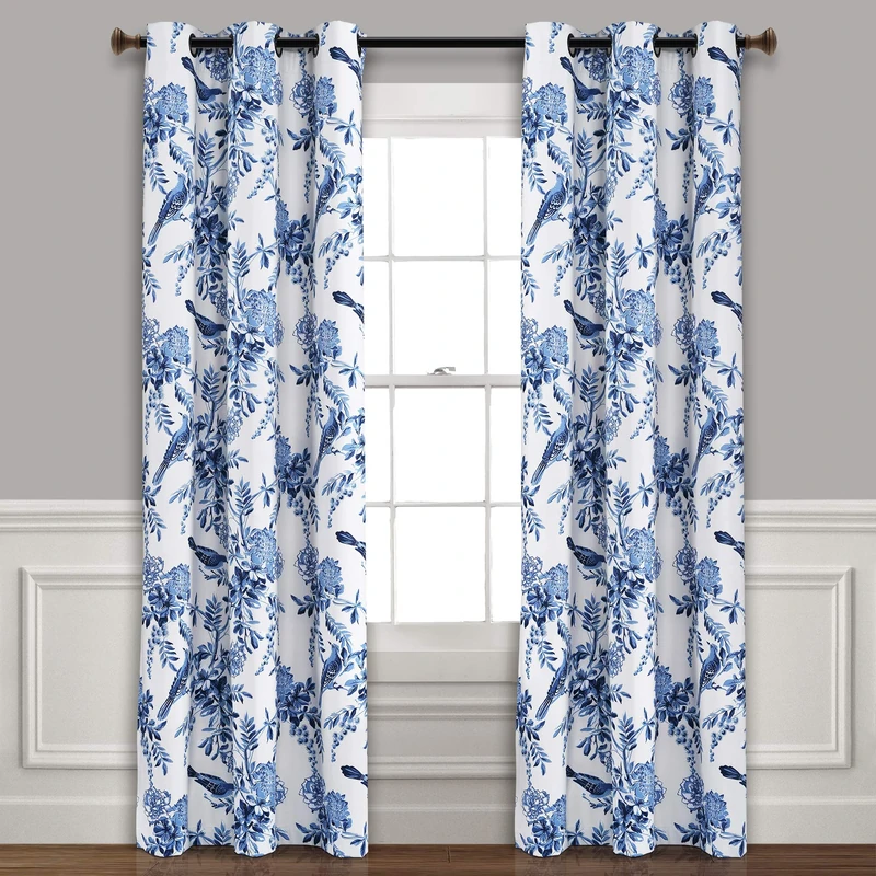 Lush Decor, White and Blue Farmhouse Bird and Flower Insulated Grommet Blackout Window Curtain Panel Pair, 95'' x 38', 95 in x 38