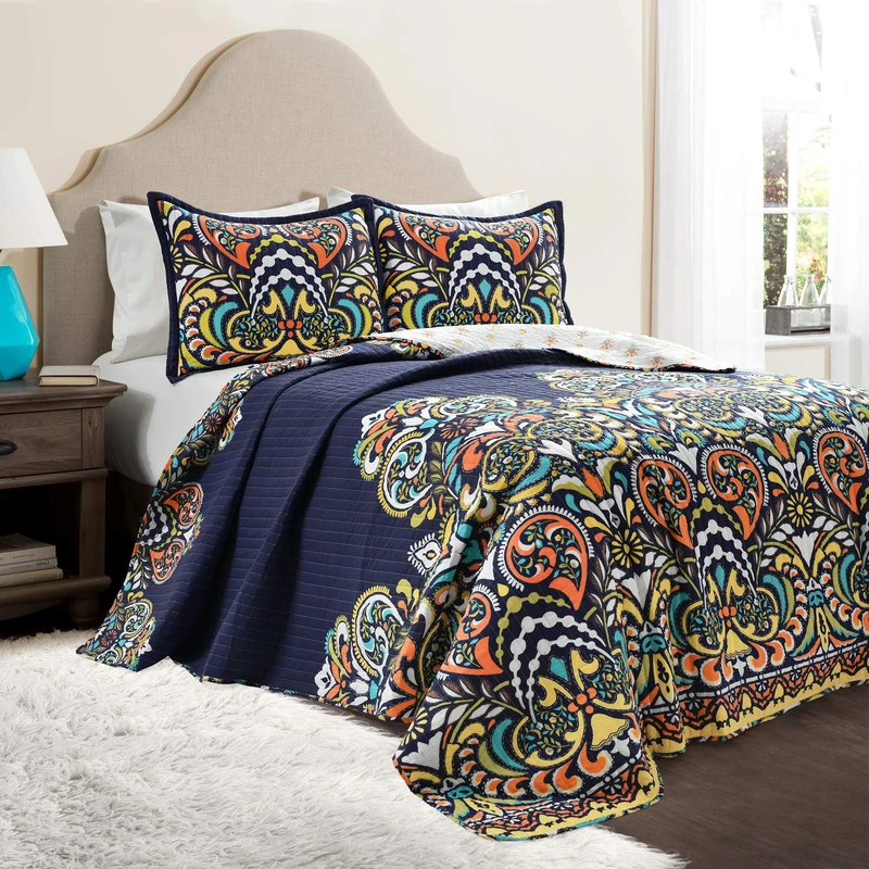 Lush Decor Clara Quilt 3 Piece Reversible Bedding Set, Full/Queen, Navy