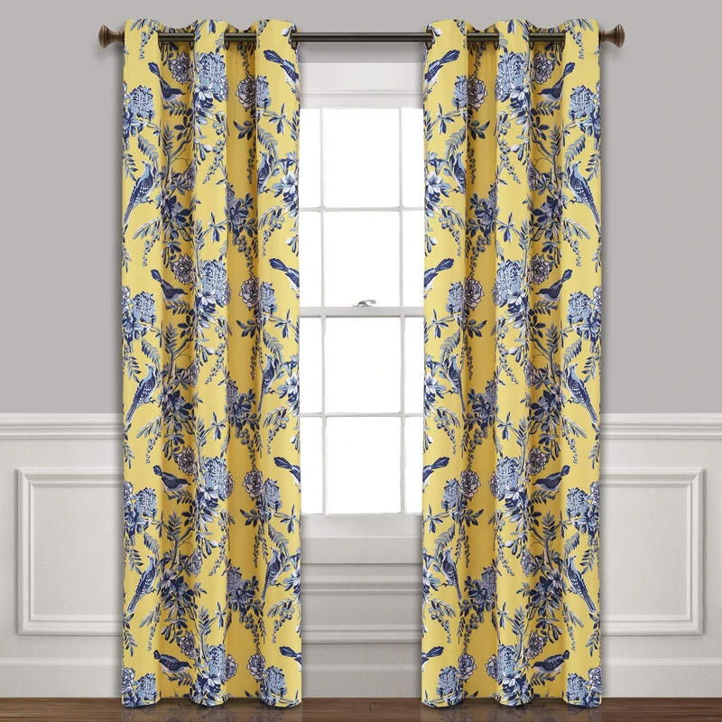 Lush Decor, Yellow and Blue Farmhouse Bird and Flower Insulated Grommet Blackout Window Curtain Panel Pair, 95'' x 38', 95 in x 38
