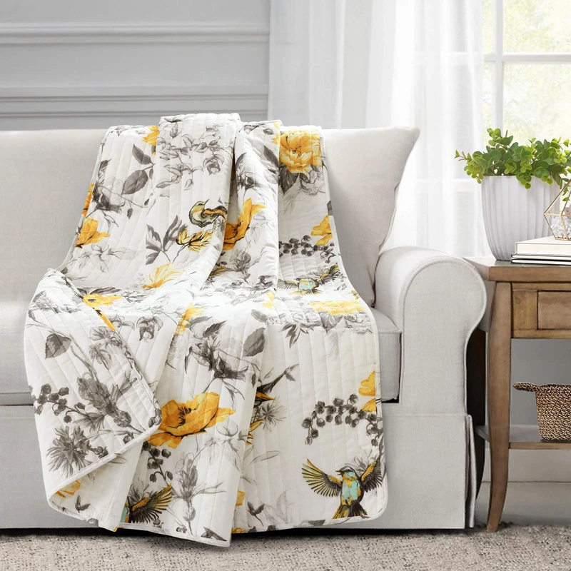 Lush Decor Penrose Floral Throw Blanket, 60" x 50", Yellow and Gray, 60" x 50"