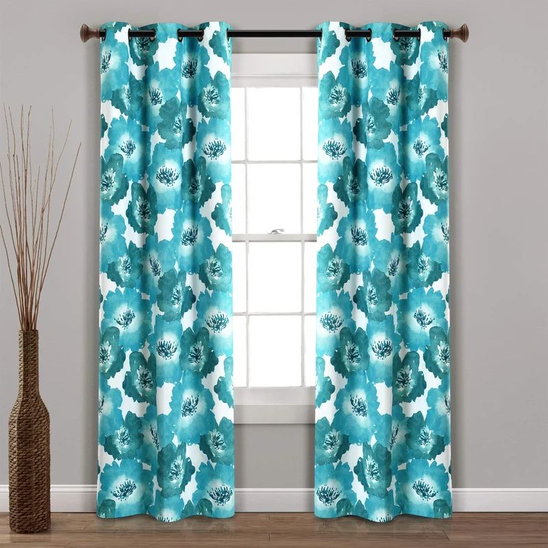 Lush Decor 100% Blackout Window Curtain Panel Pair Leah Floral Insulated Grommet, 38" W x 84" L, Blue & Teal
