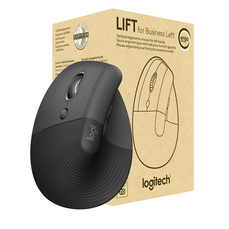 Logitech Lift for Business Left, Vertical Ergonomic Mouse - Left-handed, Wireless, Bluetooth or Secured Logi Bolt USB, Quiet clicks, Globally Certified, Windows/Mac/Chrome/Linux - Graphite,Small