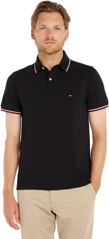 Tommy Hilfiger Men’s Short Sleeve Core Tommy Tipped Slim Fit Polo Shirt, Black (Black), XL