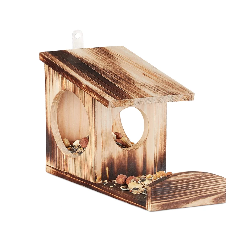 Relaxdays Wooden Squirrel Feeder House - Flamed Fir Wood