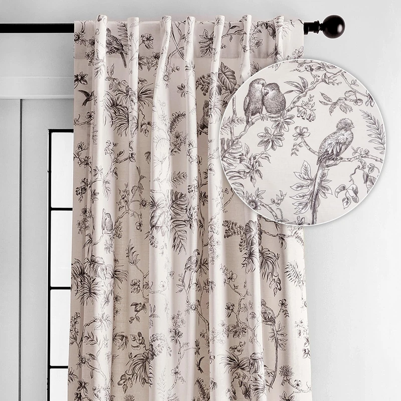 Maison d'Hermine Curtains for Living Room 100% Cotton 96 inch Length One Panel Light Filtering Toile Curtains for Bedroom Windows with Rod and Loop Pockets Drapes (Jouy Paradise Grey, 50" W x 96" L)