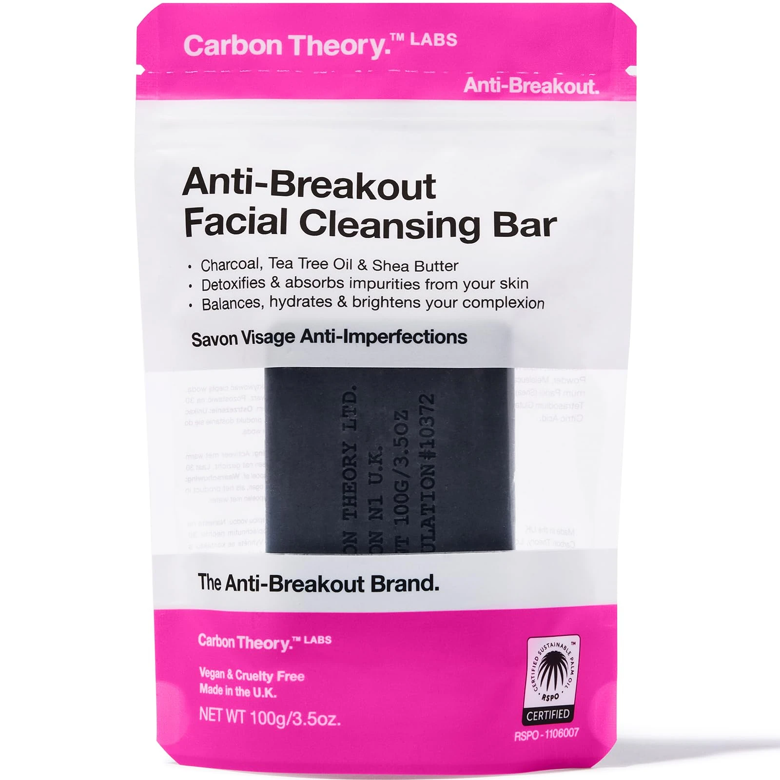 Carbon Theory Charcoal Soap Face Cleanser for Acne Prone Skin - Activated Charcoal Face Wash Bar, Tea Tree Oil, Shea Butter Soap - Vegan Face Wash Acne Treatment, Charcoal and Tea Tree Soap Bar, 100g