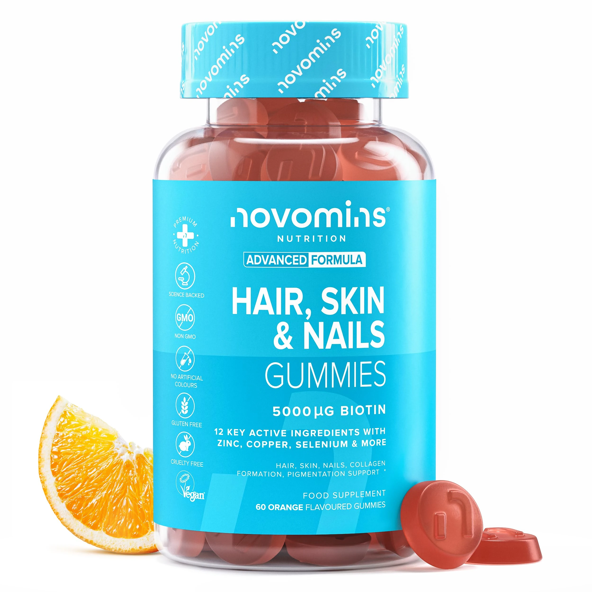Beauty Gummies with Vitamin A, C, E & Zinc - Hair Skin and Nails Vitamins - Biotin Hair Growth Vitamins for Hair Care - Biotin Gummies for Hair Growth - 60 Gummies - Novomins