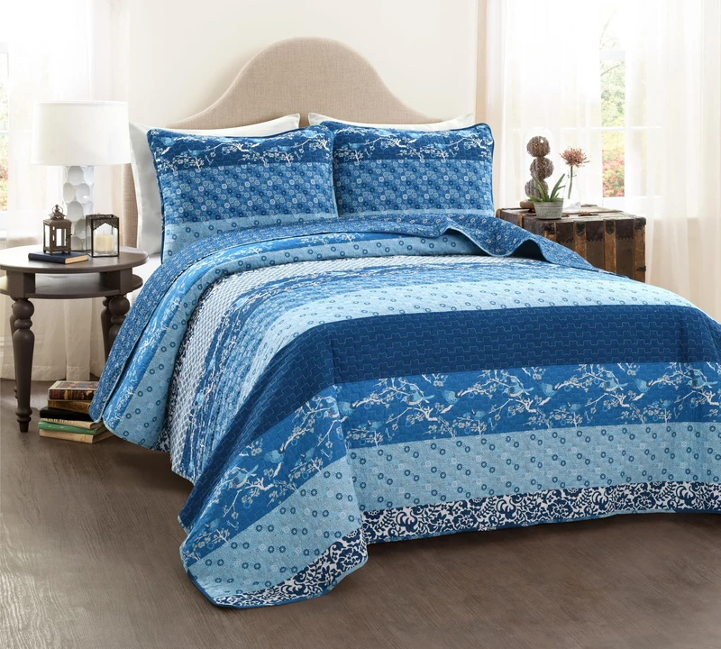 Lush Decor Royal Empire Quilt Striped Pattern Reversible 3 Piece Bedding Set, Full Queen, Navy, Polyester Cotton