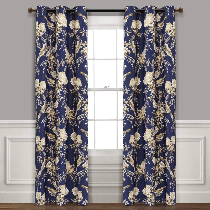 Lush Decor Farmhouse Bird And Flower Insulated Grommet Blackout Window Curtain Panel Pair, 95'' x 38'', Navy and Taupe, Polyester, 38" W x 95" L (Pack of 1)