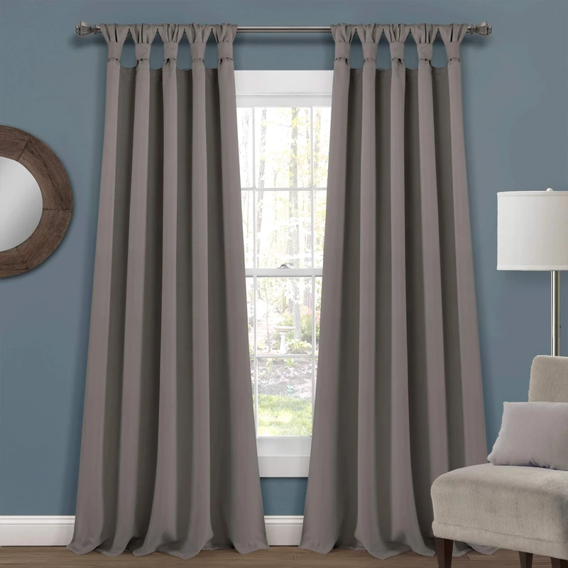 Lush Decor, Dark Gray Insulated Knotted Tab Top Blackout Window Curtain Panel Pair, 95" x 52", 95 in x 52