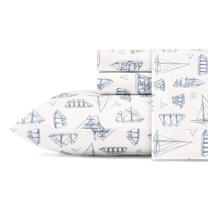 Nautica - Full Size Sheet Sets, Cotton Percale Bedding, Crisp & Cool, Coastal Bedding Set (Whitewood Sail Blue, Full)