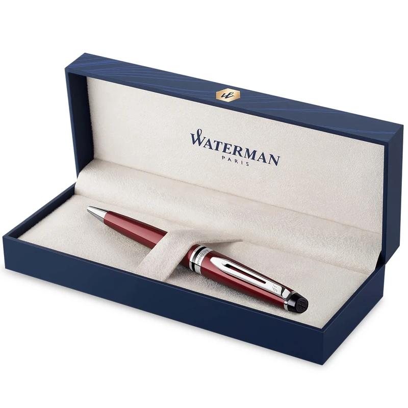 Waterman Expert Ballpoint Pen Dark Red with Chrome Trim Medium Tip Blue Ink Gift Box
