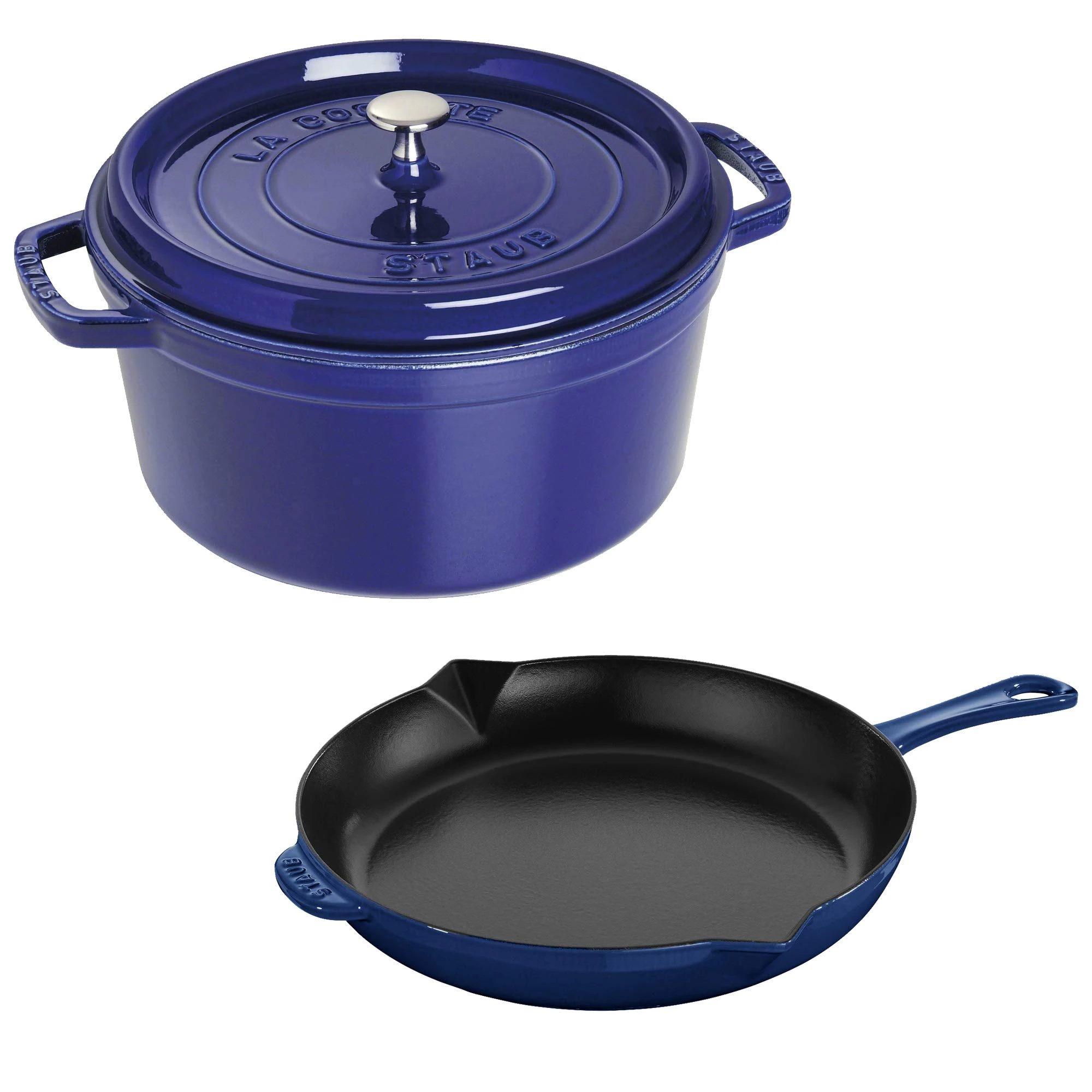Staub Cast Iron 3-pc Cocotte and Fry Pan Set-Dark Blue, Made in France