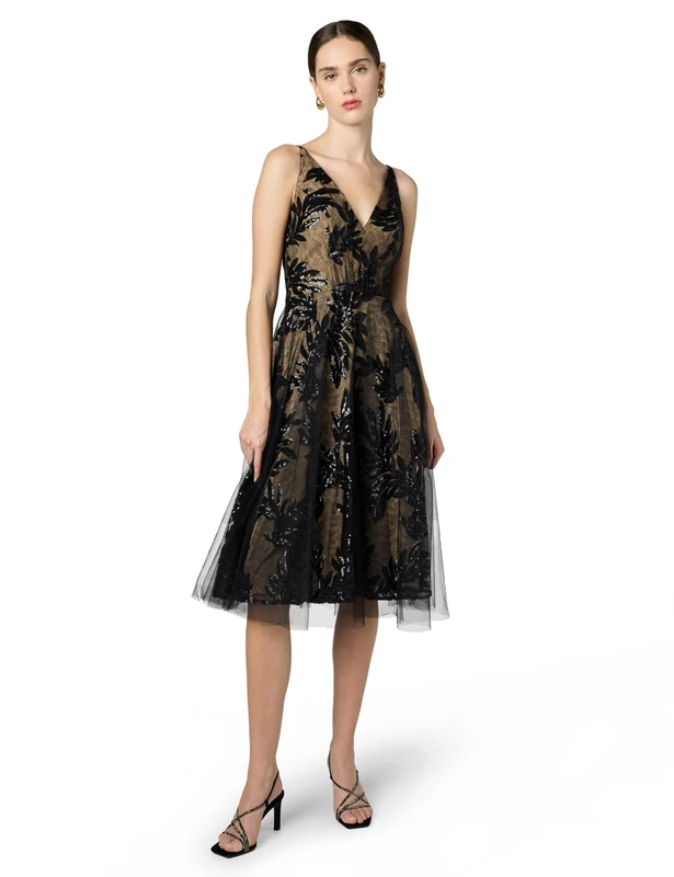 Dress the Population Women's Courtney Sleeveless Veiled Fit & Flare Midi Dress, Blacknude, Large